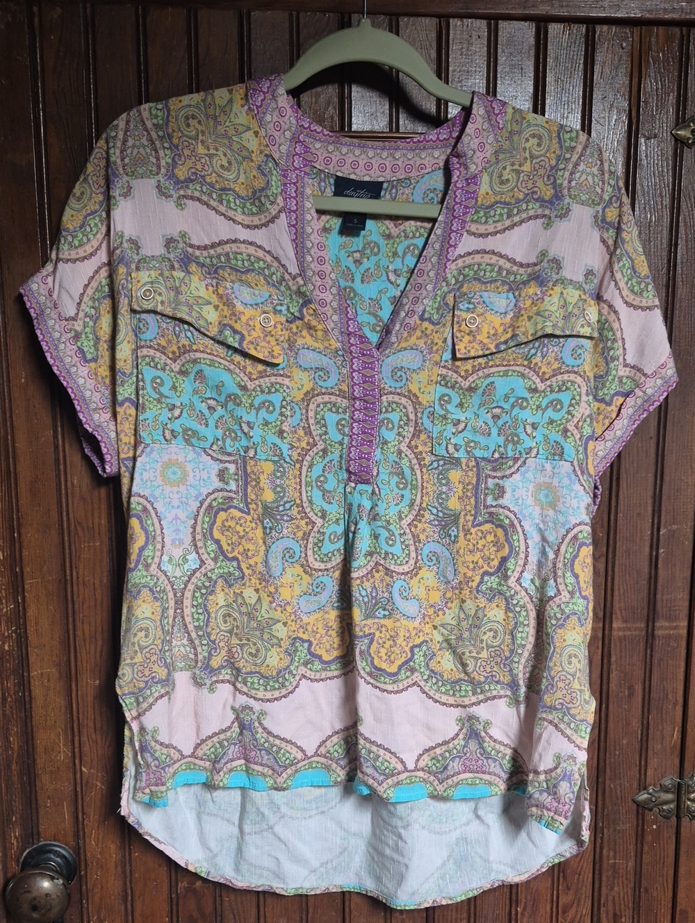 Daytrip Pink Paisley V-Neck Boho Top with Turquoise & Yellow Accents